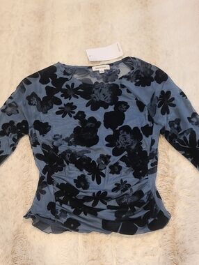 Abstract Floral Burnout Long Sleeve Top - Blue and Black